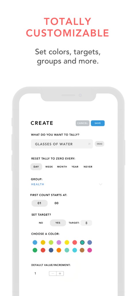 App screenshot: create tally screen with reset schedule, targets, groups, and color picker.