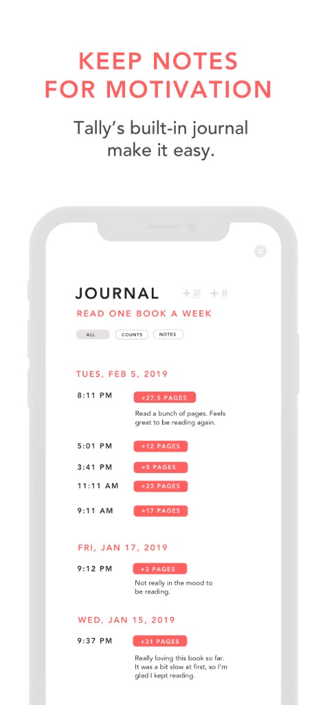 App screenshot: journal view with dated entries, counts, and notes.