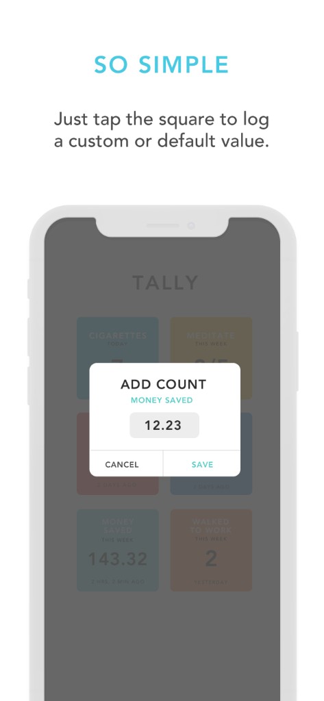 Tally home grid with add count sheet.