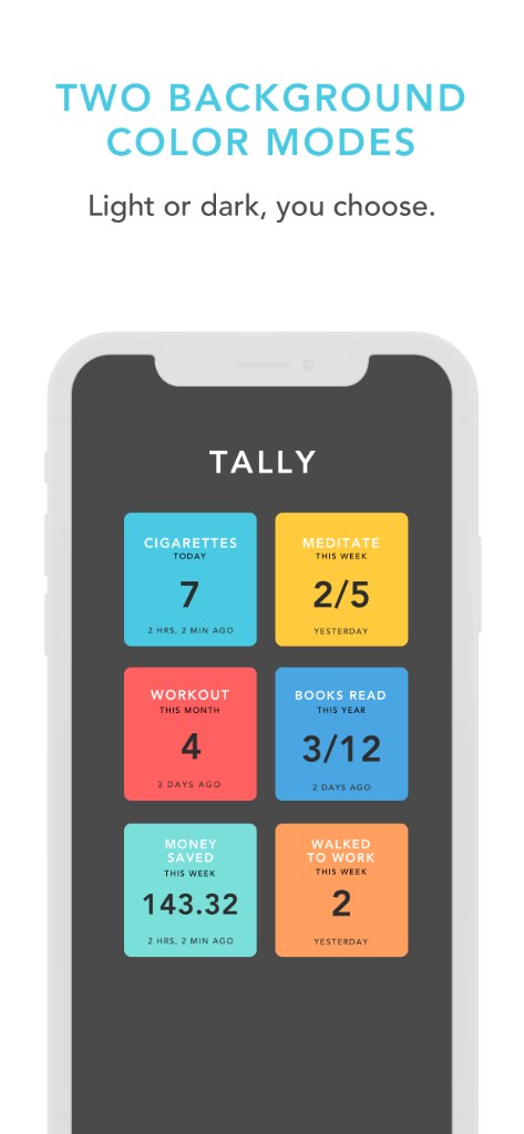 Tally in dark mode with colorful tiles.