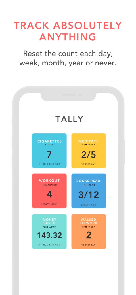 App screenshot: colorful tally tiles for cigarettes, meditation, workouts, books, savings, and walking.