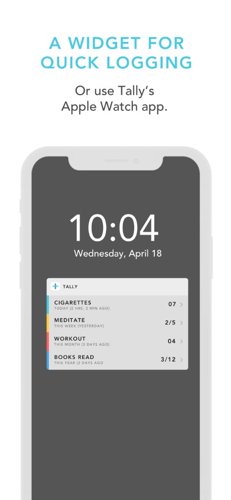 App screenshot: iOS widget for quick logging from the lock screen.